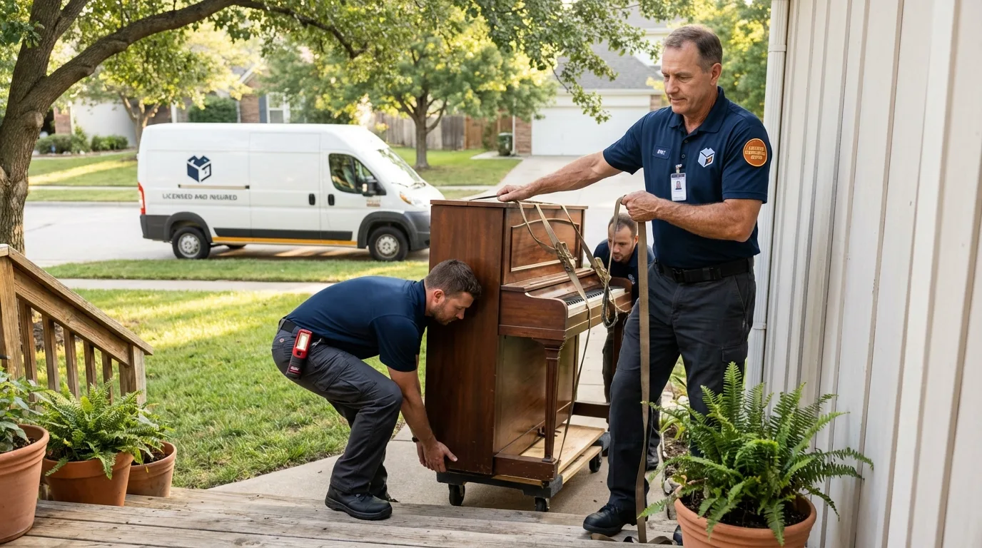 Licensed piano movers securing grand piano in Ryegate, MT