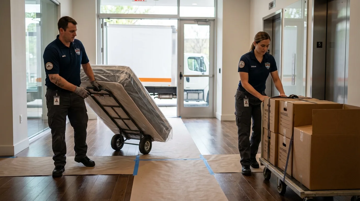 Professional apartment movers loading elevator in Ryegate, MT
